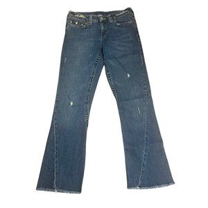 True Religion Women’s Distressed Joey Flare Low Rise Raw Hem Denim Jeans…